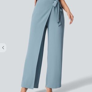High Waisted Tie Side Invisible Zipper Wide Leg Work Pants